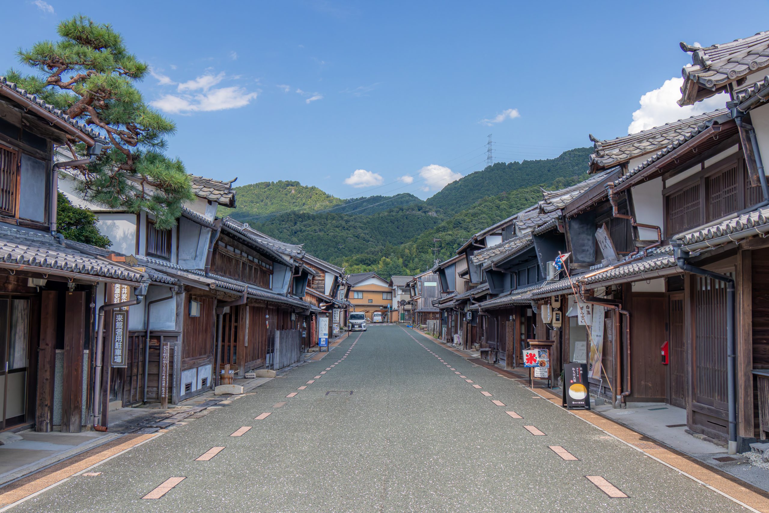 山を背景に歴史的な商家が並ぶ美濃市のうだつの上がる町並み