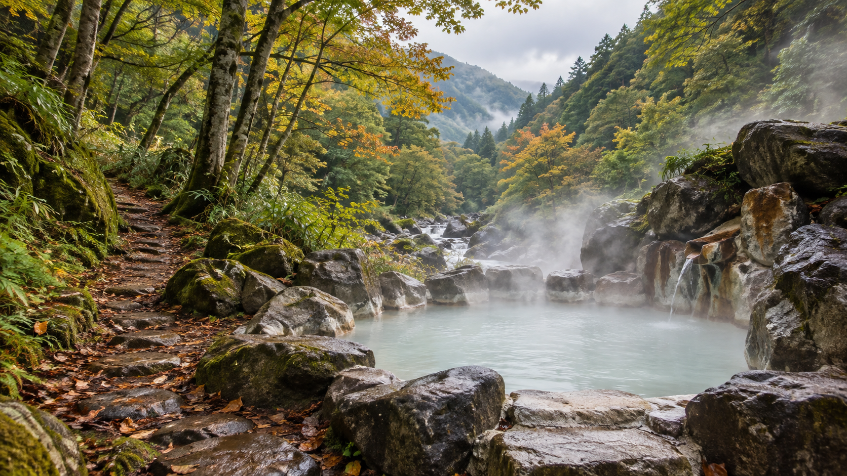 ブナ林に囲まれた山あいの露天風呂（AI生成によるイメージ画像）